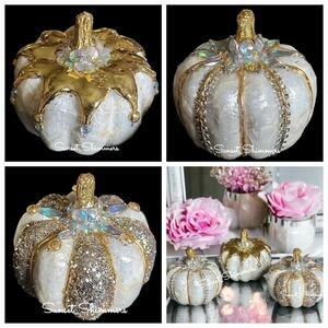 SET of 3 GLAM Stunning JEWELED CAPIZ WHITE PUMPKIN DECOR FILLER GOLD BLING NEW